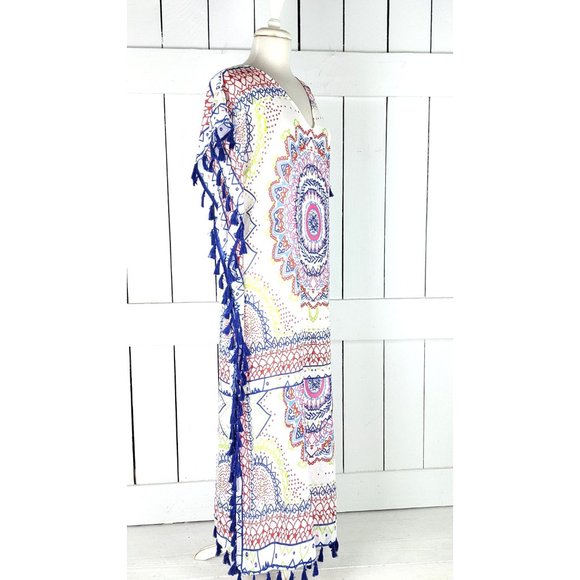 Sheer lightweight colorful tribal print fringe tassel caftan dress cover up - Picture 4 of 5